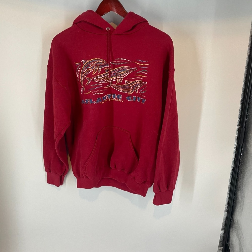 Vintage Brittania Atlantic City Graphic Retro Pullover Hoodie Maroon Red Size L